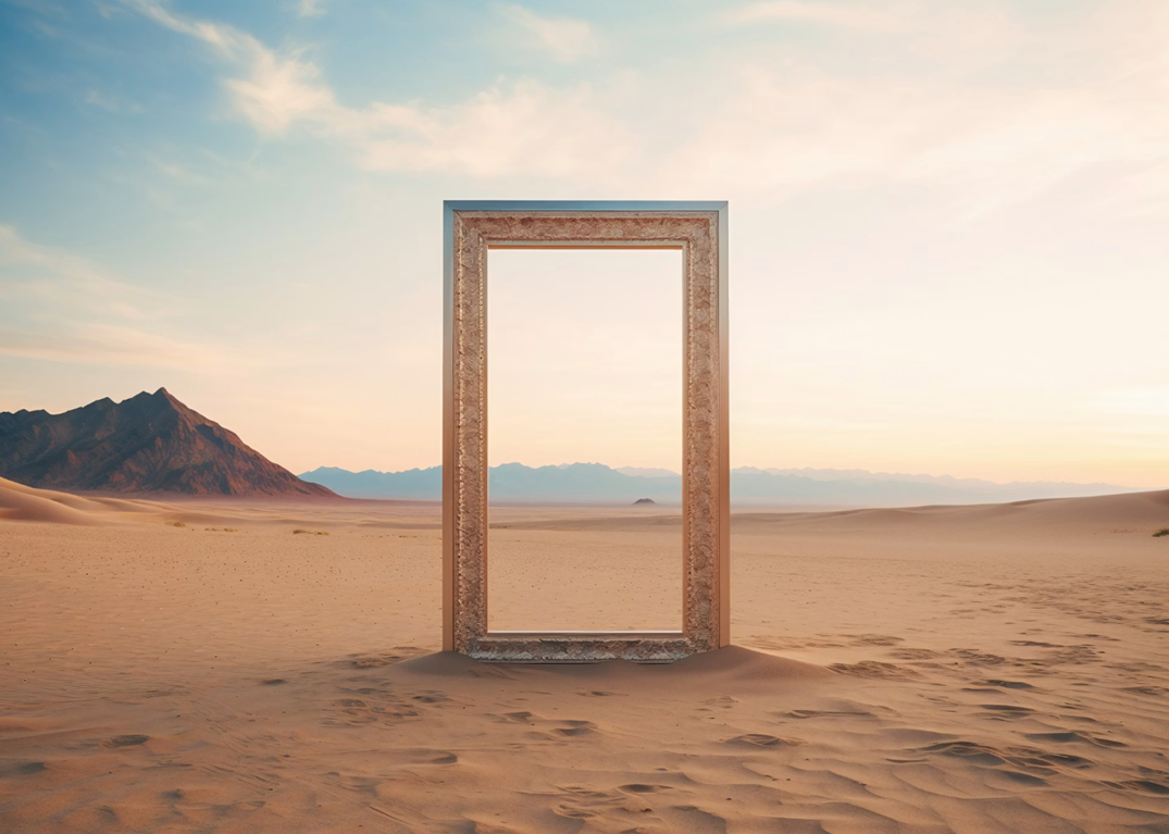 Door in desert landscape at sunset — representing Charlotte Dalbin's journey and presence